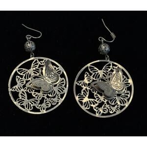 Silver Toned Delicate Filigree Cutout 3D Butterfles Dangle Earrings BOHO